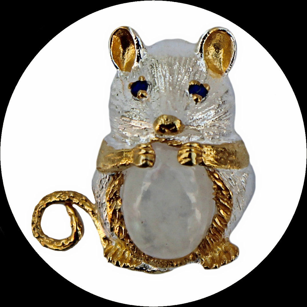 Brosche Maus mit Mondstein aus teilweise vergoldetem 925er Sterlingsilber