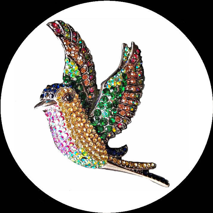 Large brooch Bird in flight with colourful crystal pavé in silver-coloured metal