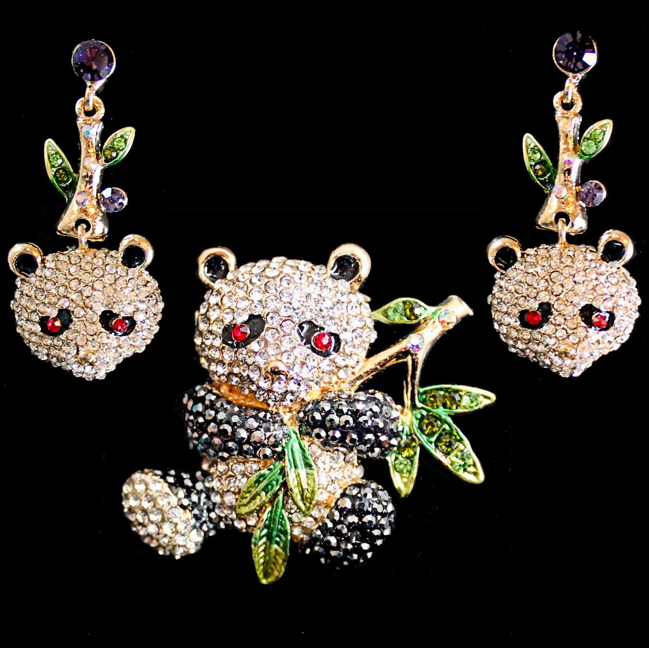 Gold-plated jewelry set brooch and earrings panda bear with glass crystal pavé