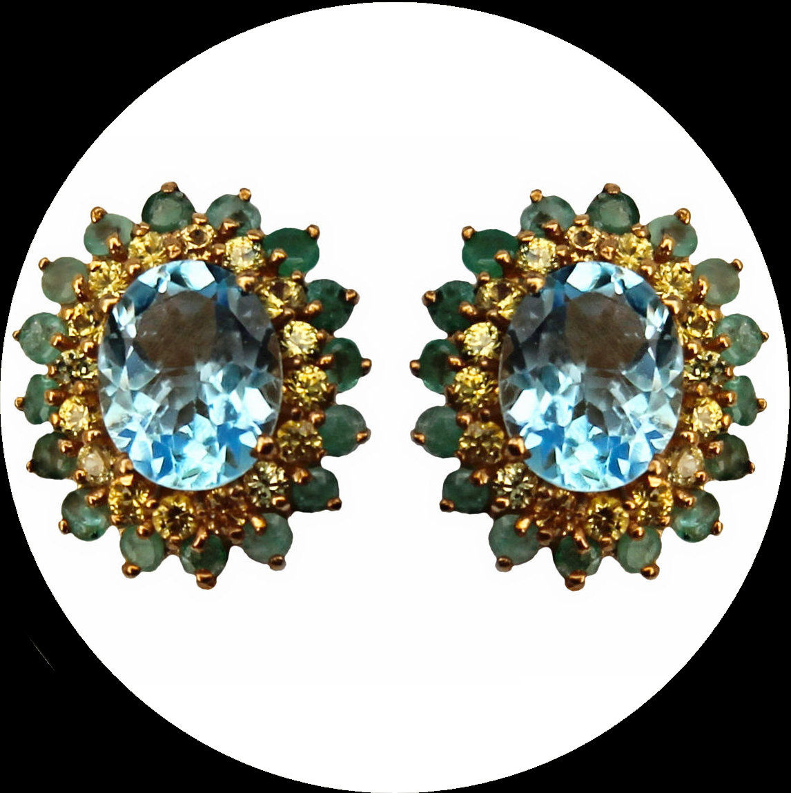 Orecchini a perni con topazio, smeraldo e zaffiro giallo in argento dorato