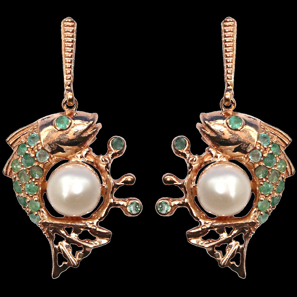Miniature : Boucles d'oreilles en forme de poisson avec émeraude et perle en argent 925 doré rose