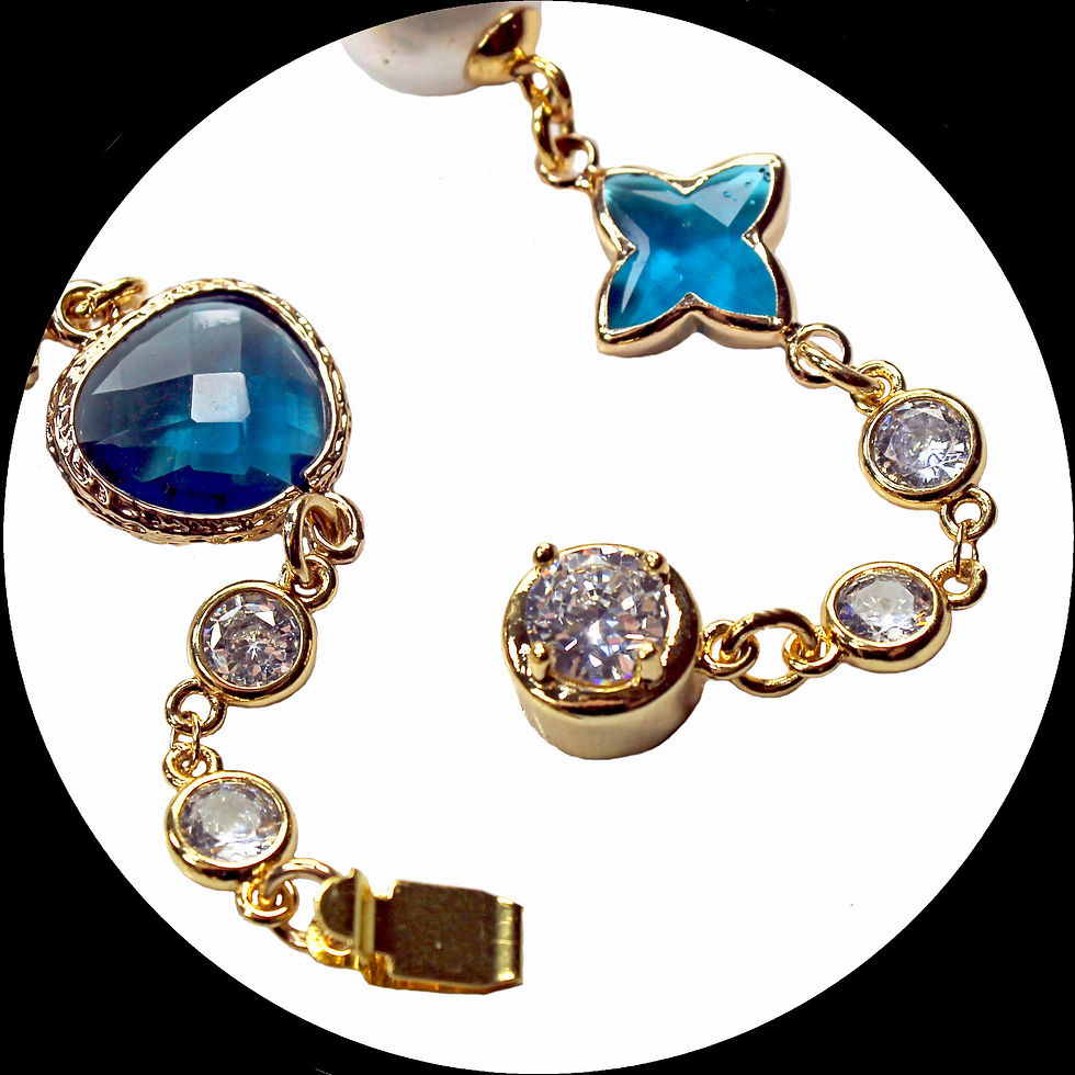 Thumbnail: Long gold-plated necklace with howlite, blue glass crystals, pearls and cubic zirconia