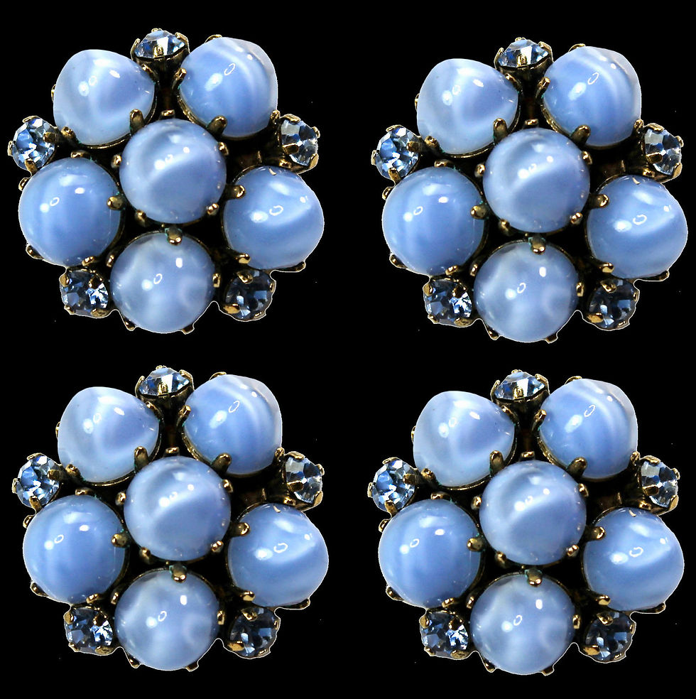 Four chalcedony blue vintage buttons with opal glass cabochons and rhinestones, approx. 27 mm