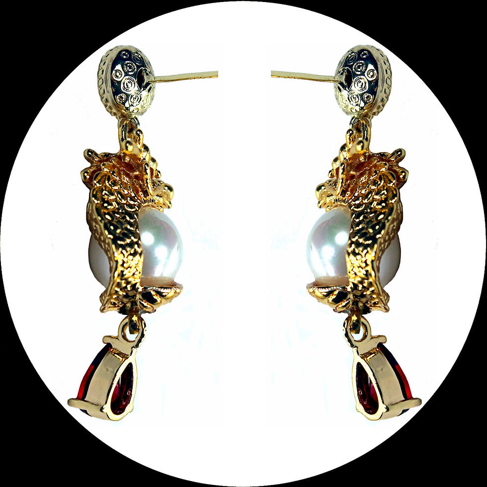 Thumbnail: Gold-plated earrings with red zirconia and pearl-studded dragons