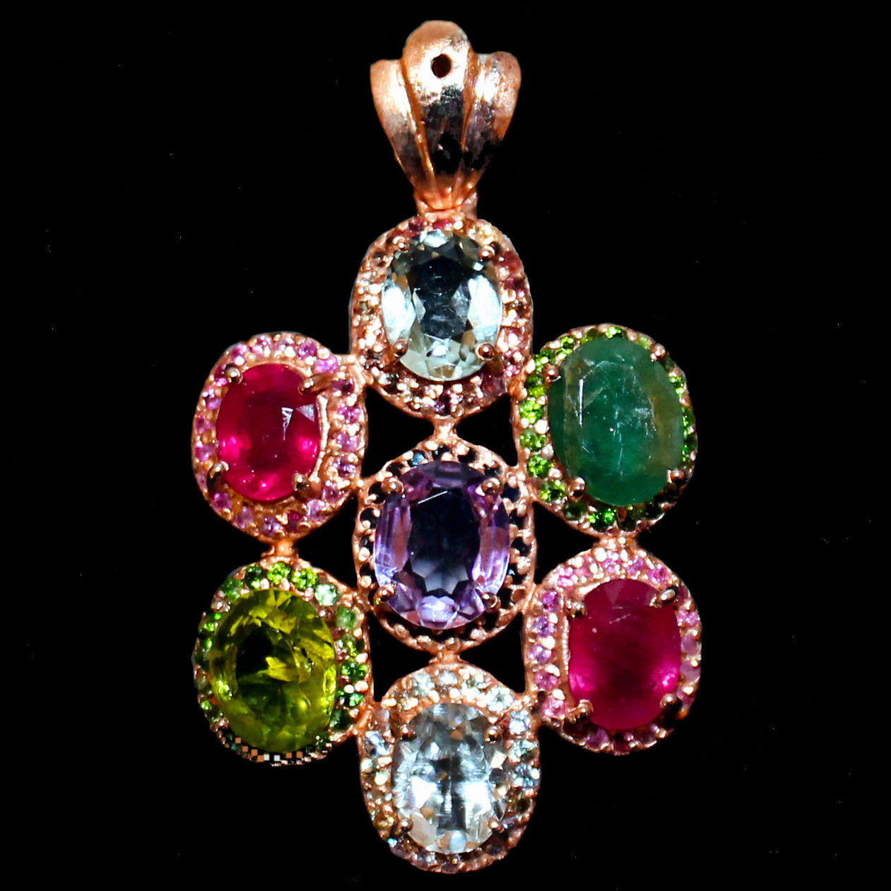 Large pendant with colourful gemstones in rose gold-plated sterling silver