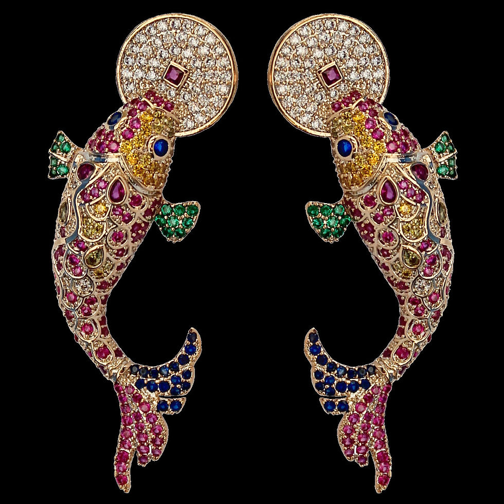 Thumbnail: Large earrings with cubic zirconia paved koi carp in gold-plated metal