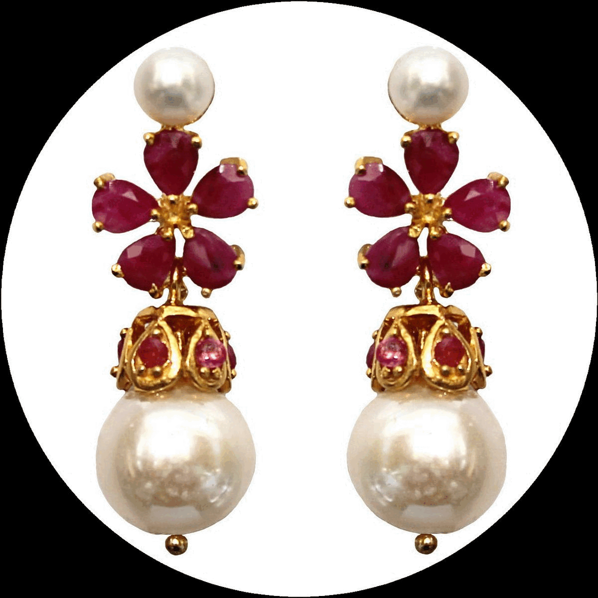 Earrings with freshwater pearls and ruby flowers in gold-plated 925 silver