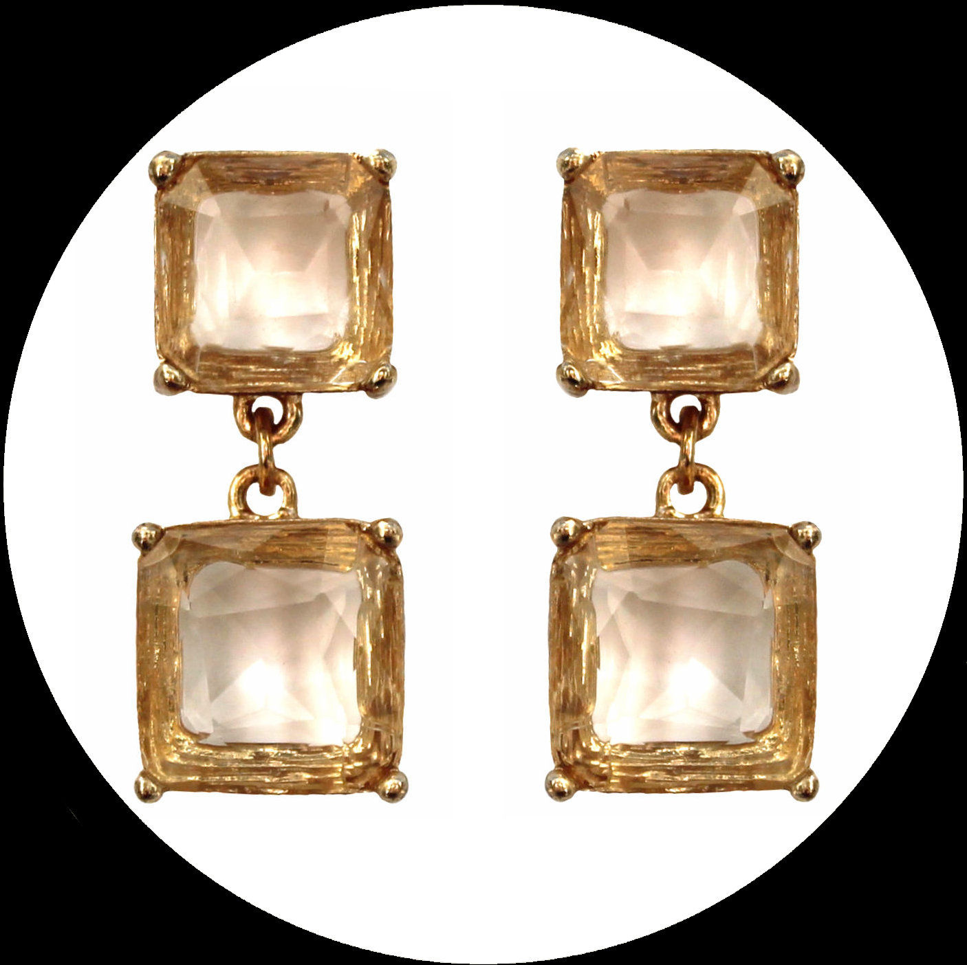 Earrings with square citrine-coloured crystals in gold-coloured metal
