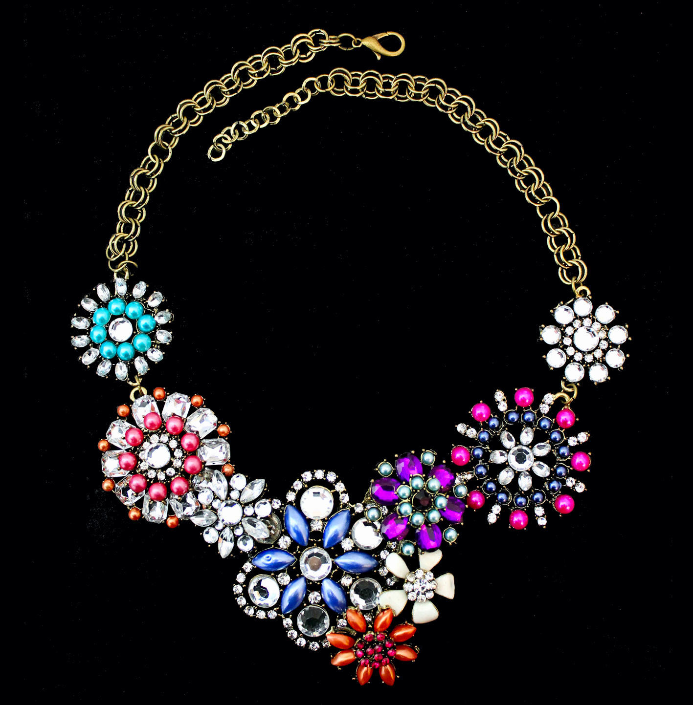 Antique gold-coloured necklace with colourful floral medallions and gemstones