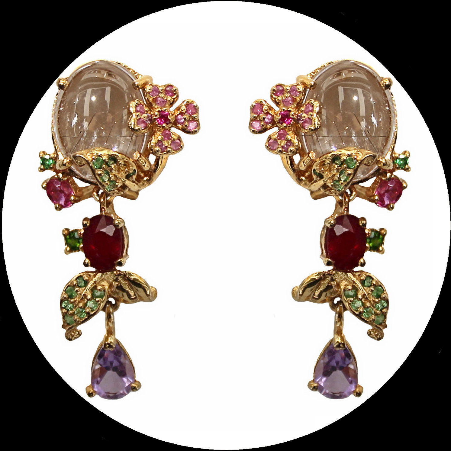 Chandelier floreali con quarzo, ametista e tsavorite in argento dorato