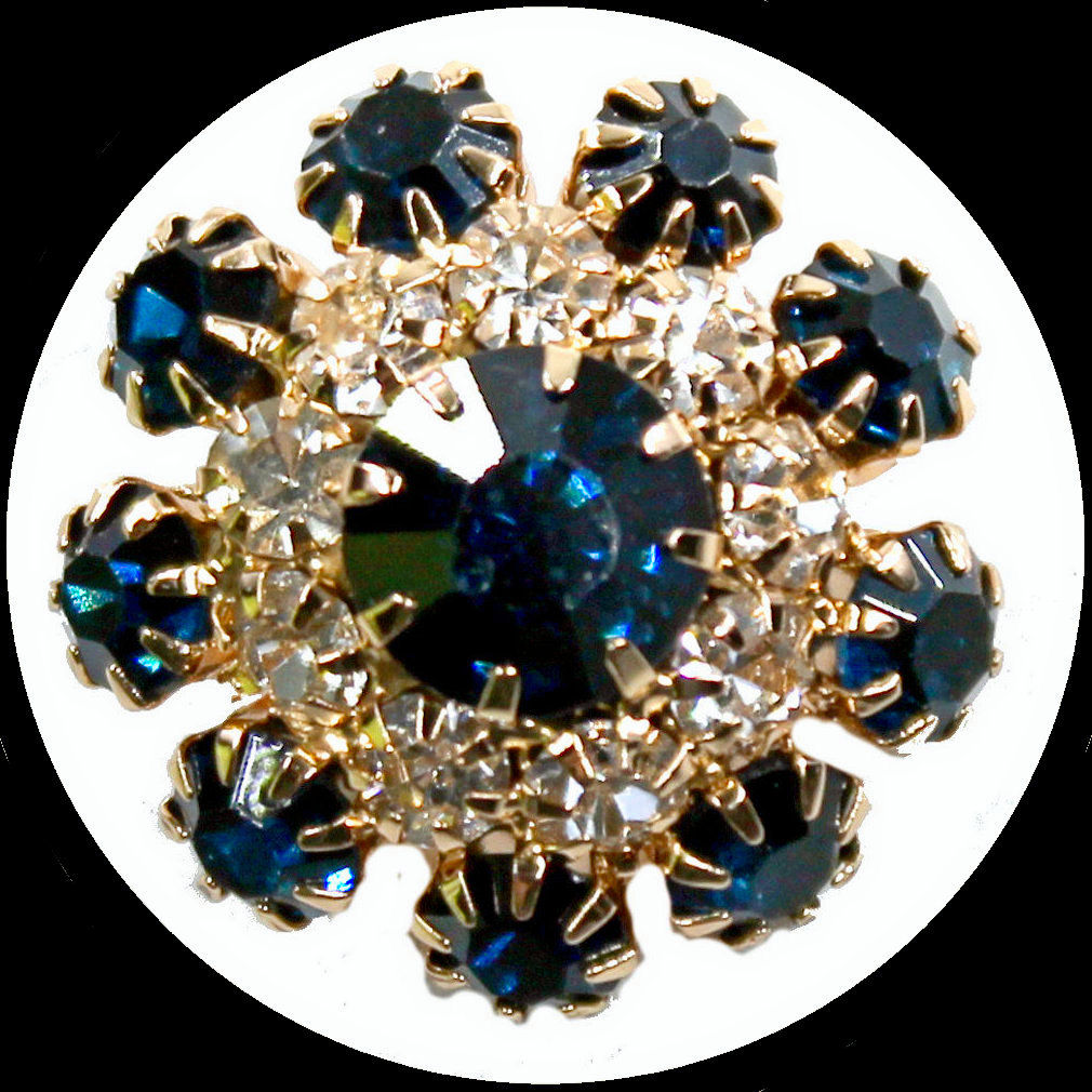Vintage-style shank button with white rhinestones and dark blue crystals, approx. 21 mm