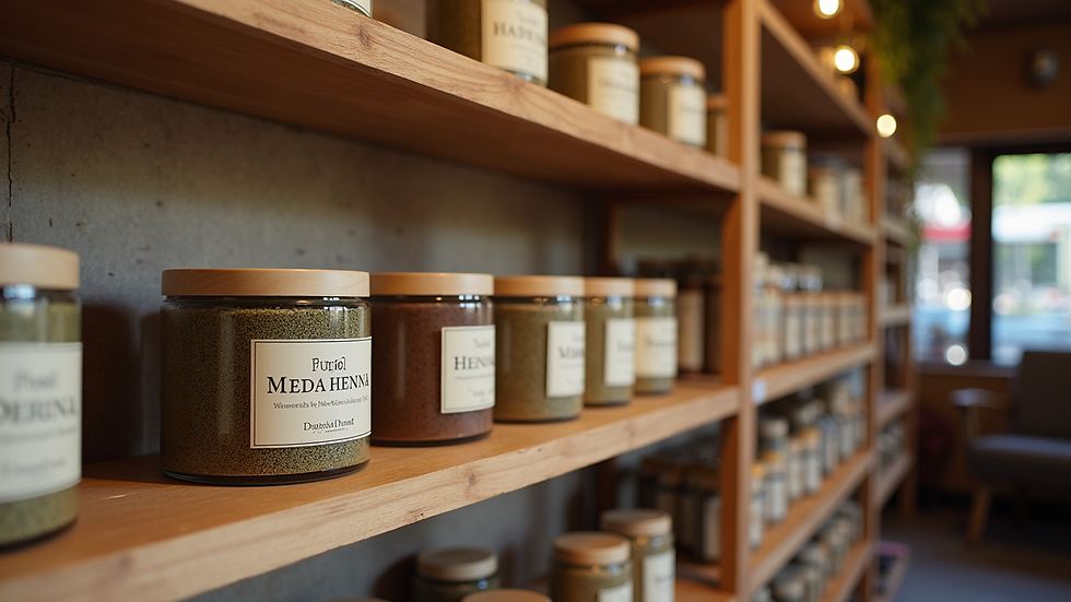 Eye-level view of a local Boise shop shelf with natural henna products