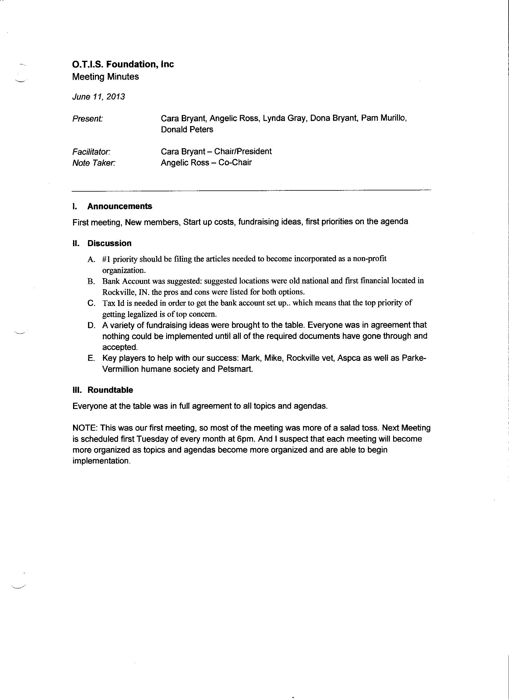 Otisindiana Meeting Minutes - 