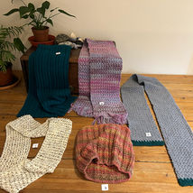 Four Hand Knit Scarves and a Cowl.