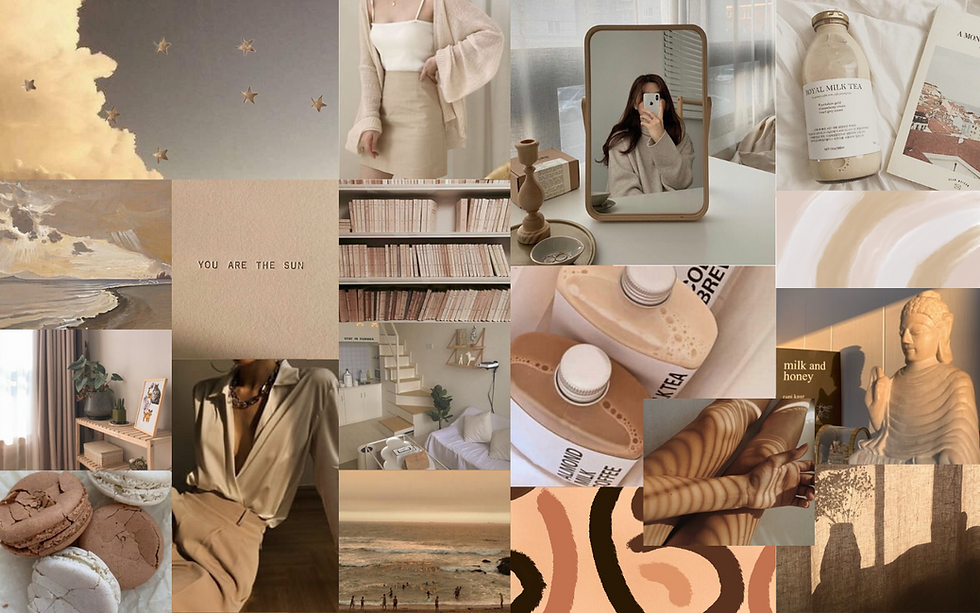 a collage of beige, cream, and brown images showing drinks, food, fashion, paintings, and decorations