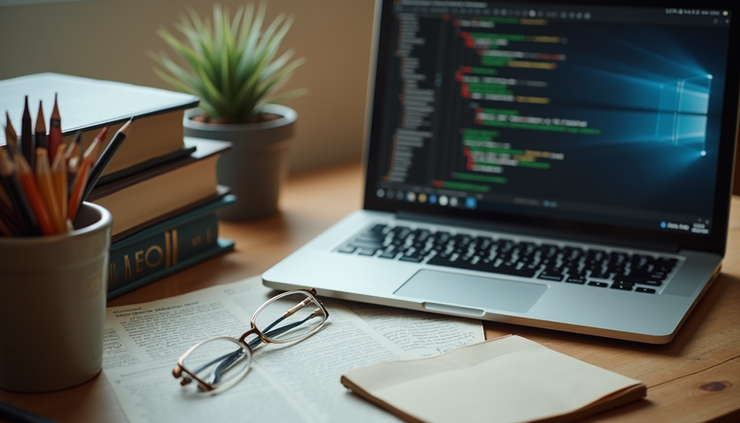 ภาพมุมสูงของโต๊ะเรียนพร้อมหนังสือและแล็ปท็อปสำหรับฝึกเขียนโปรแกรม Python