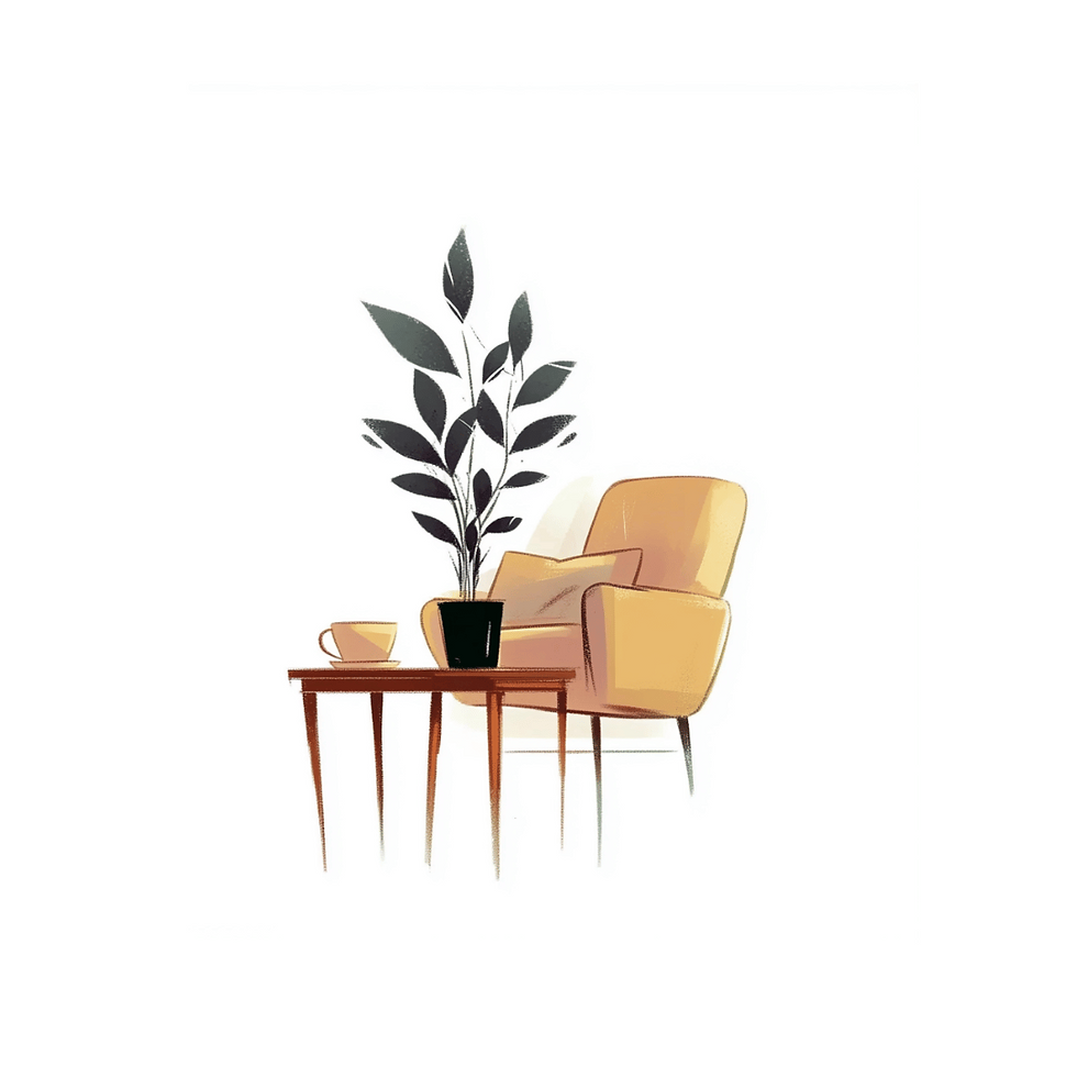 Yellow armchair with a leafy plant on a table beside it. A cup sits on the table. Simple, cozy setting with a bright, minimalist feel.
