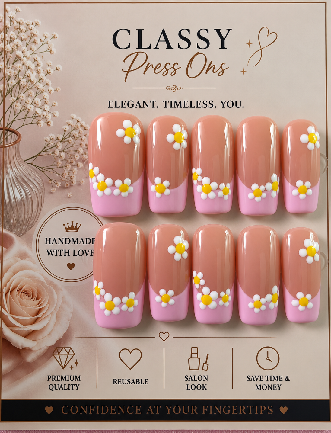 2.5 Square Nude Pink French Tip with Flowers