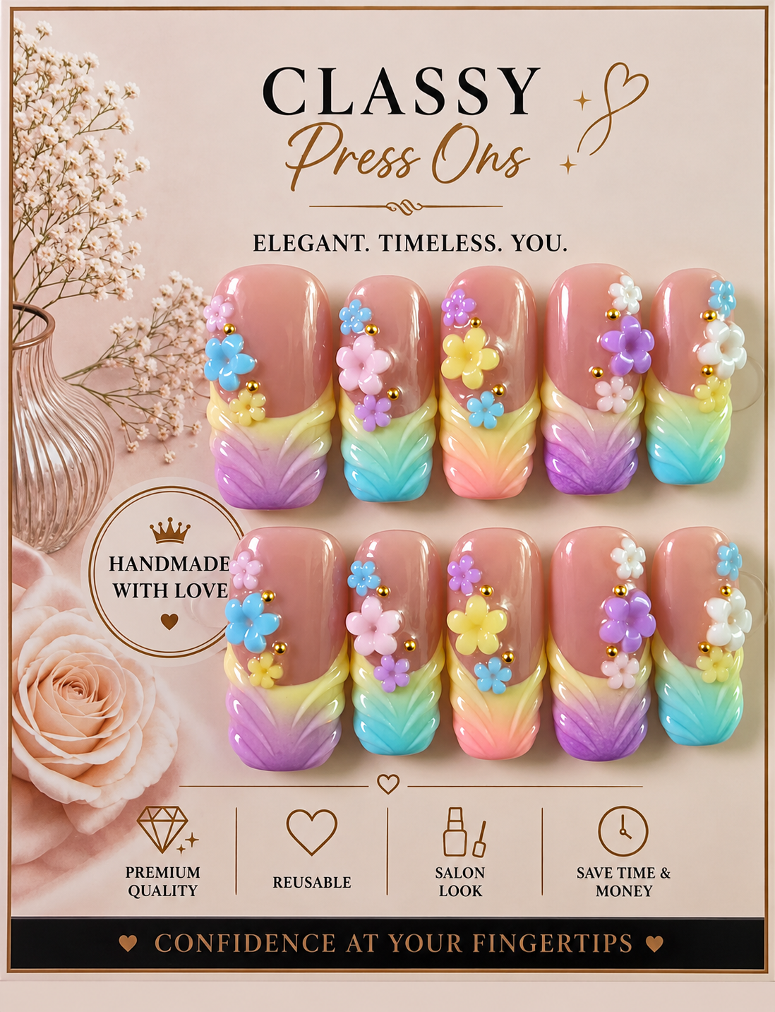 2.5 Square Rainbow French Tip with 3D Floral