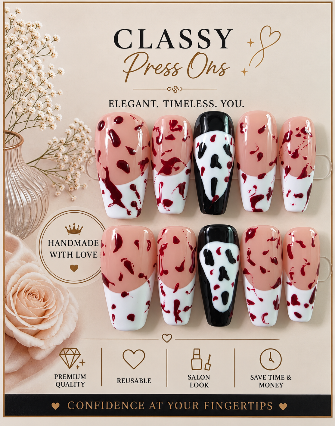 2.5 Square Halloween French Tip with Blood Splatter