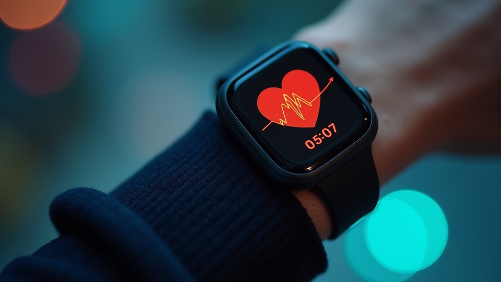 Close-up view of a wearable health device displaying heart rate data