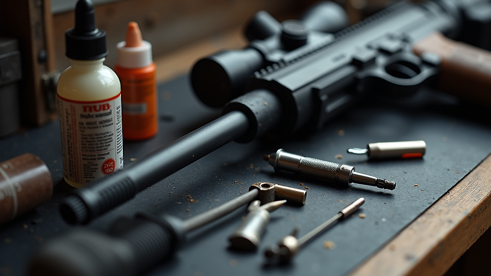 Eye-level view of a firearm maintenance kit with cleaning tools and lubricants