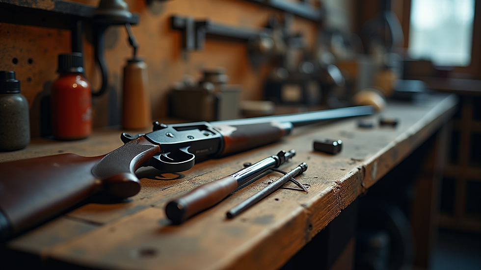 Eye-level view of a gunsmith’s workbench with tools and firearm parts