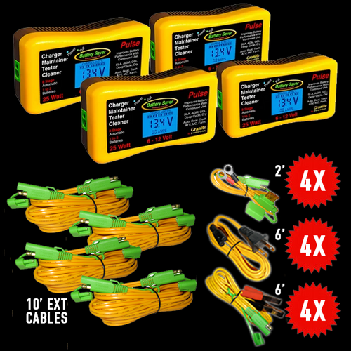 Four Pack - 6V/12V 25W Pulse Charger, Maintainer & Testers | Battery Saver