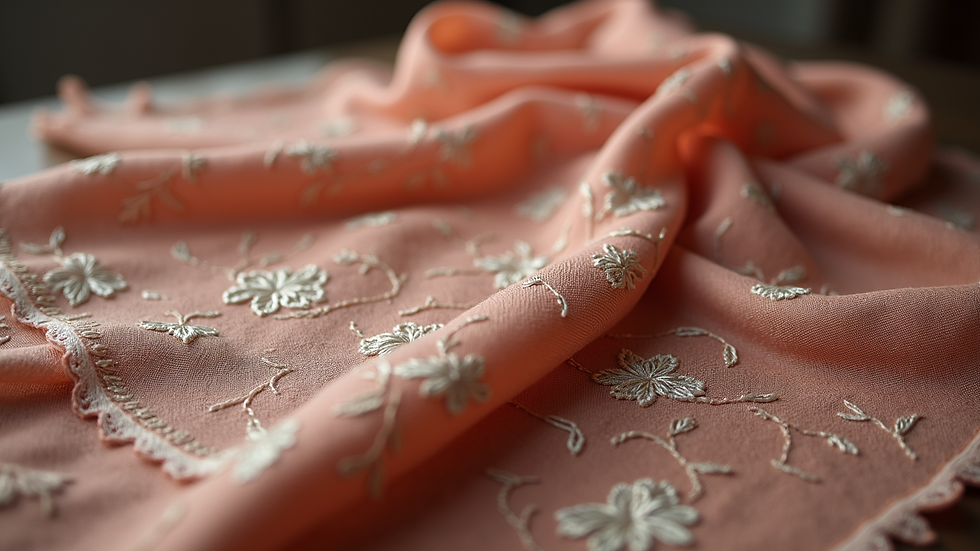 Eye-level view of a luxury pashmina shawl with intricate embroidery laid flat