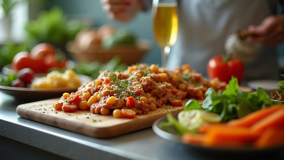 Eye-level view of a colorful wholesome meal preparation