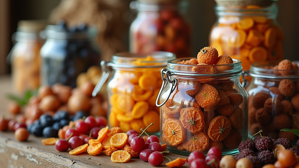 High angle view of bulk natural dried fruits in glass jars