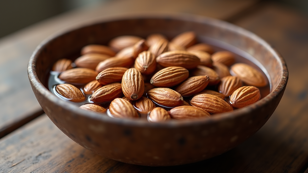 Eye-level view of a bowl filled with soaked Kashmiri Mamra almonds