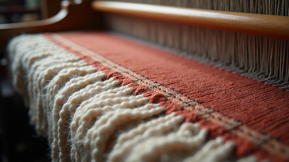 Close-up view of handloom weaving intricate patterns on pashmina wool