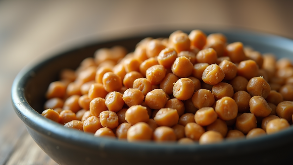 Close-up view of a bowl filled with eco-friendly pet food made from chickpeas