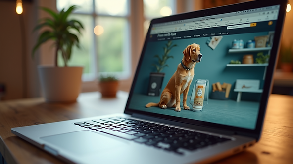 High angle view of a laptop screen showing an online pet food store