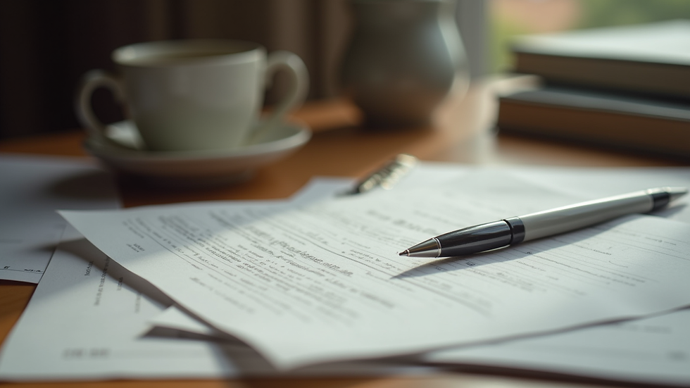 Close-up de mesa de escritório com documentos e caneta