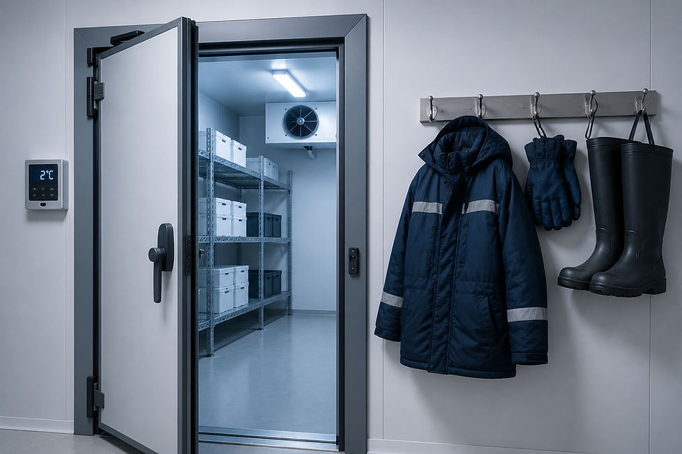 Equipamentos de Proteção Individual (EPIs) como casacos, luvas e botas são essenciais para eliminar os riscos de insalubridade em ambientes frios, como câmaras frigoríficas, garantindo a segurança e o conforto dos trabalhadores.