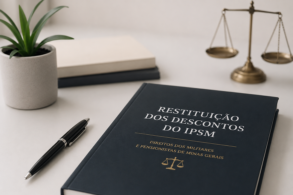Guia atualizado sobre a restituição dos descontos do IPSM em Minas Gerais, direcionado a policiais militares, policiais civis, bombeiros, pensionistas e militares inativos, apresentado em um ambiente profissional com balança de justiça e planta decorativa.