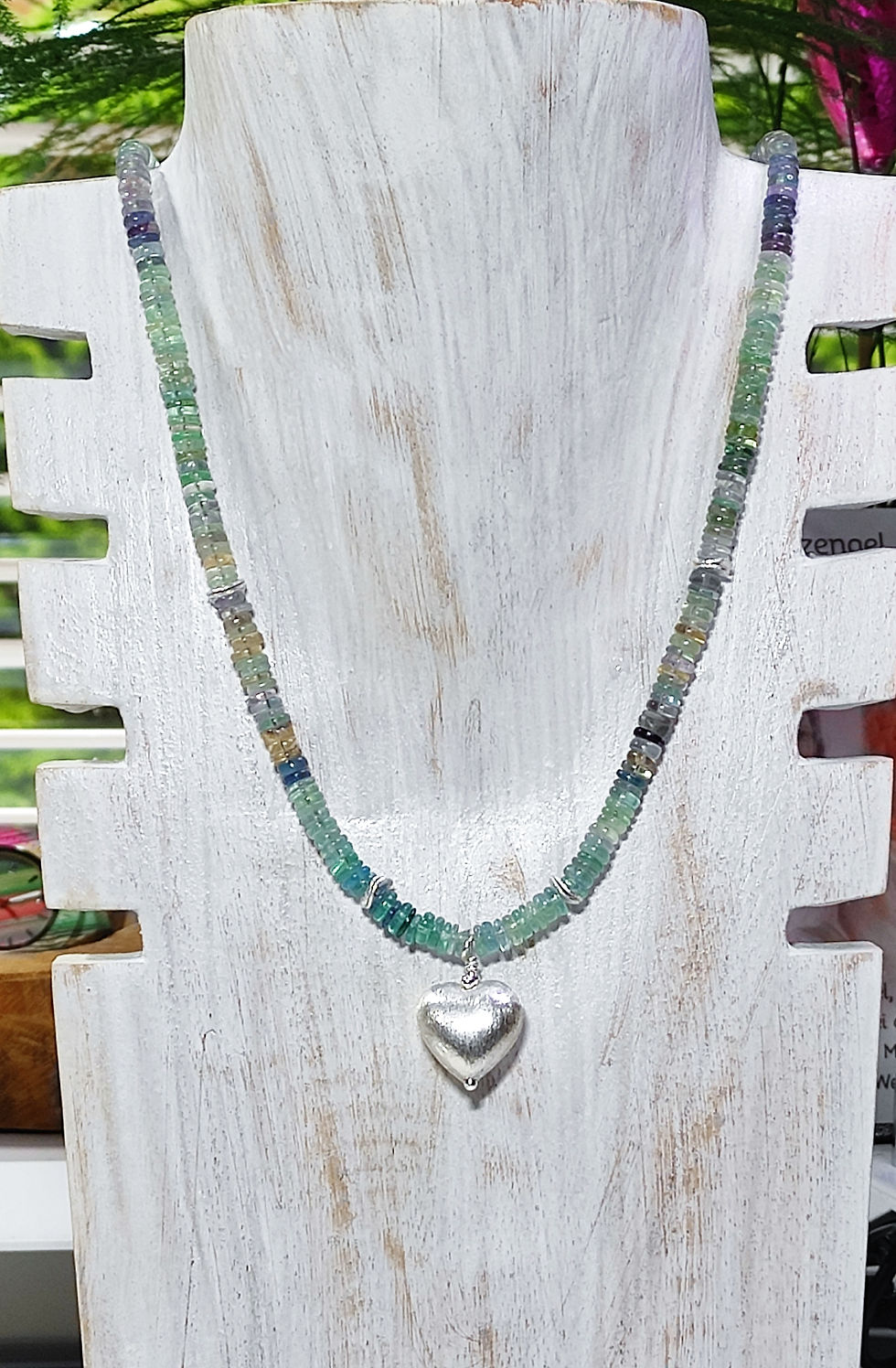 Fluorit Halskette Edelsteinkette Edelsteincollier grün blau türkis Silberherz Heilstein Geschenk Frau Energiekette
