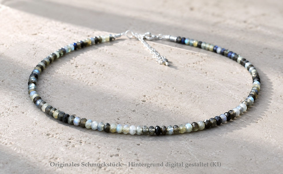 Echte Labradorit Kette aus 5 mm facettierten Labradorit-Perlen mit Edelstahlverschluss, Logo-Anhänger und handgefertigt
