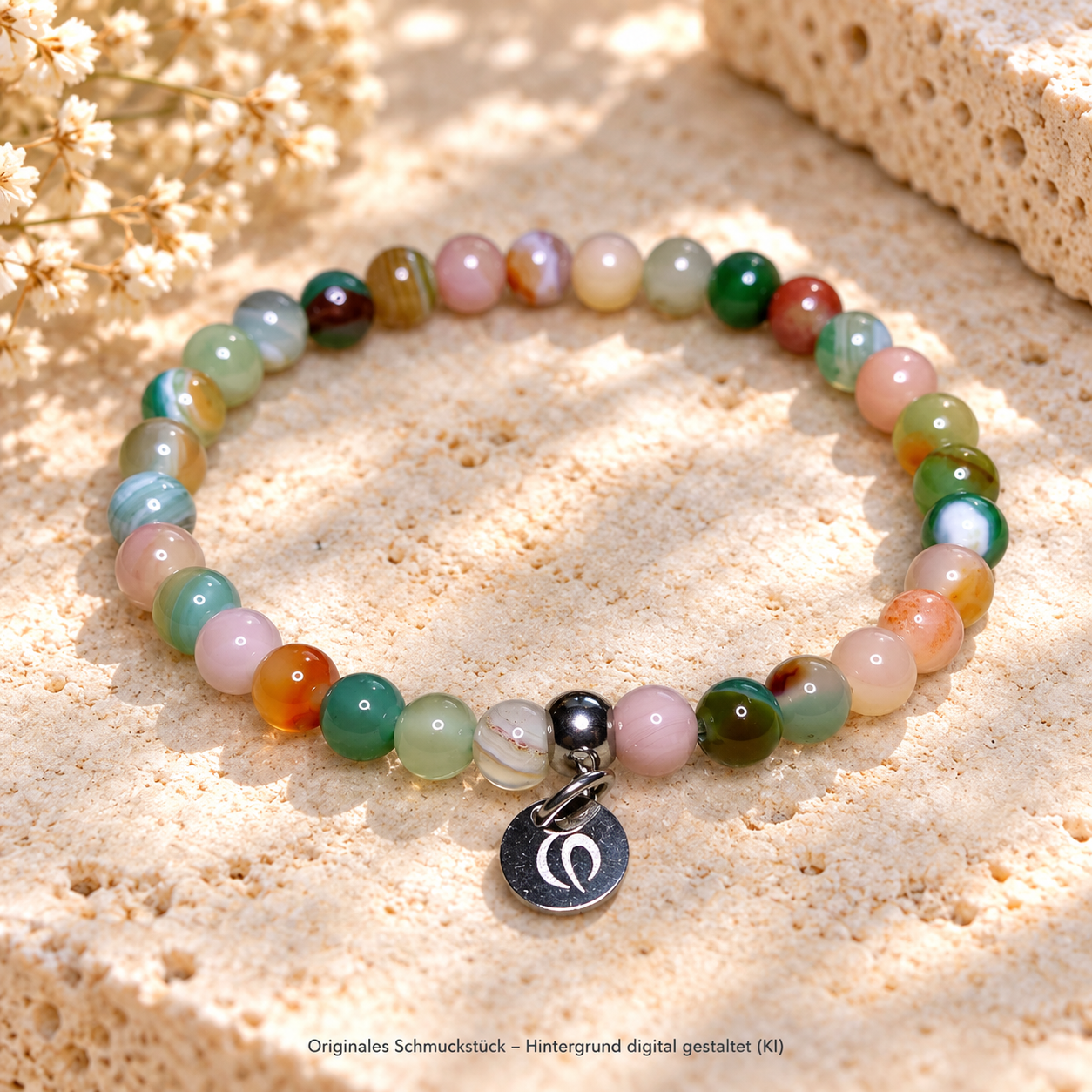 Edelsteinarmband elastisch Indischer Achat mit Edelstahlperle, 6 mm.
