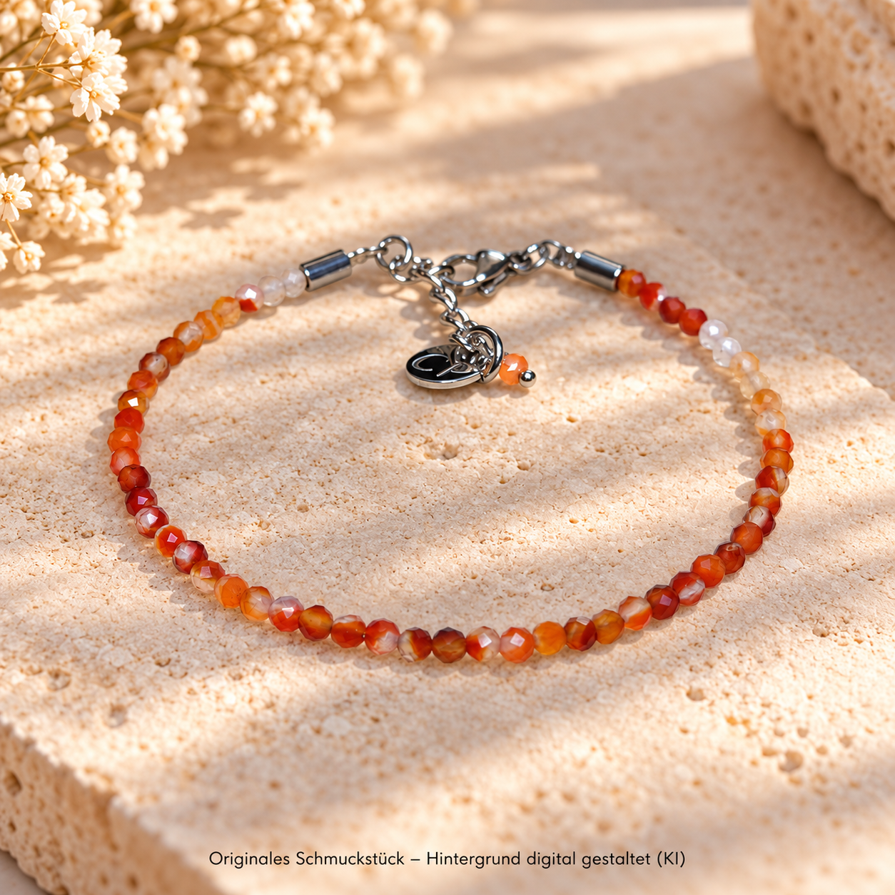 Funkelndes Karneol Armband mit 3 mm facettierten Perlen und Edelstahlverschluss mit Verlängerungskettchen