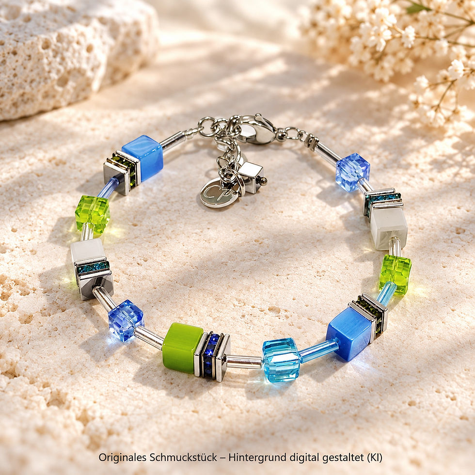 Handgefertigtes Cube Armband, Würfel Armkette, blau grün silber,