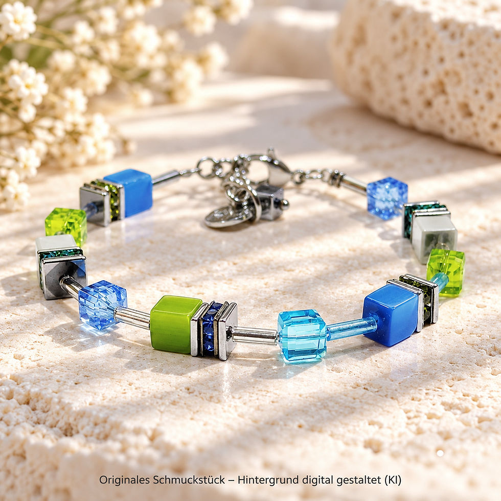 Handgefertigtes Cube Armband, Würfel Armkette, blau grün silber,