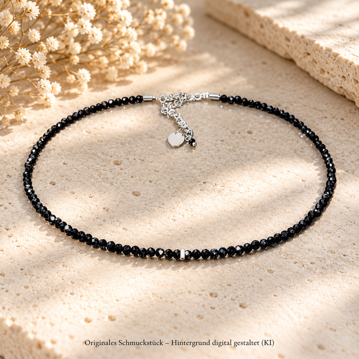 Handgefertigte schwarze Turmalin-Schörl-Kette aus 4 mm facettierten Edelsteinen mit Edelstahlverschluss.