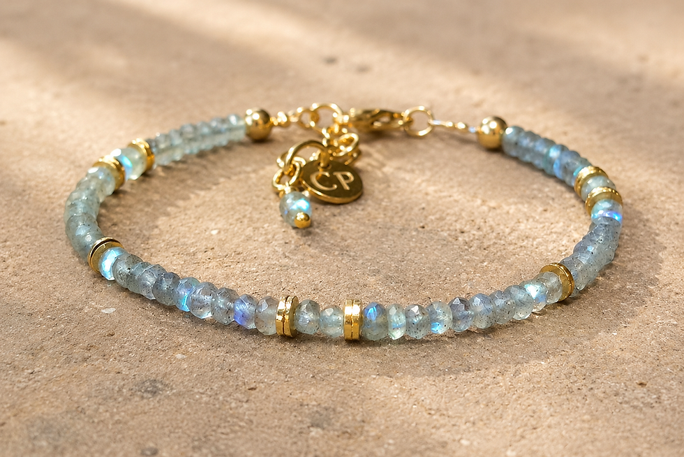 Handgefertigtes Labradorit Armband aus facettierten 3,5 mm Edelsteinen mit goldfarbenem Edelstahlverschluss