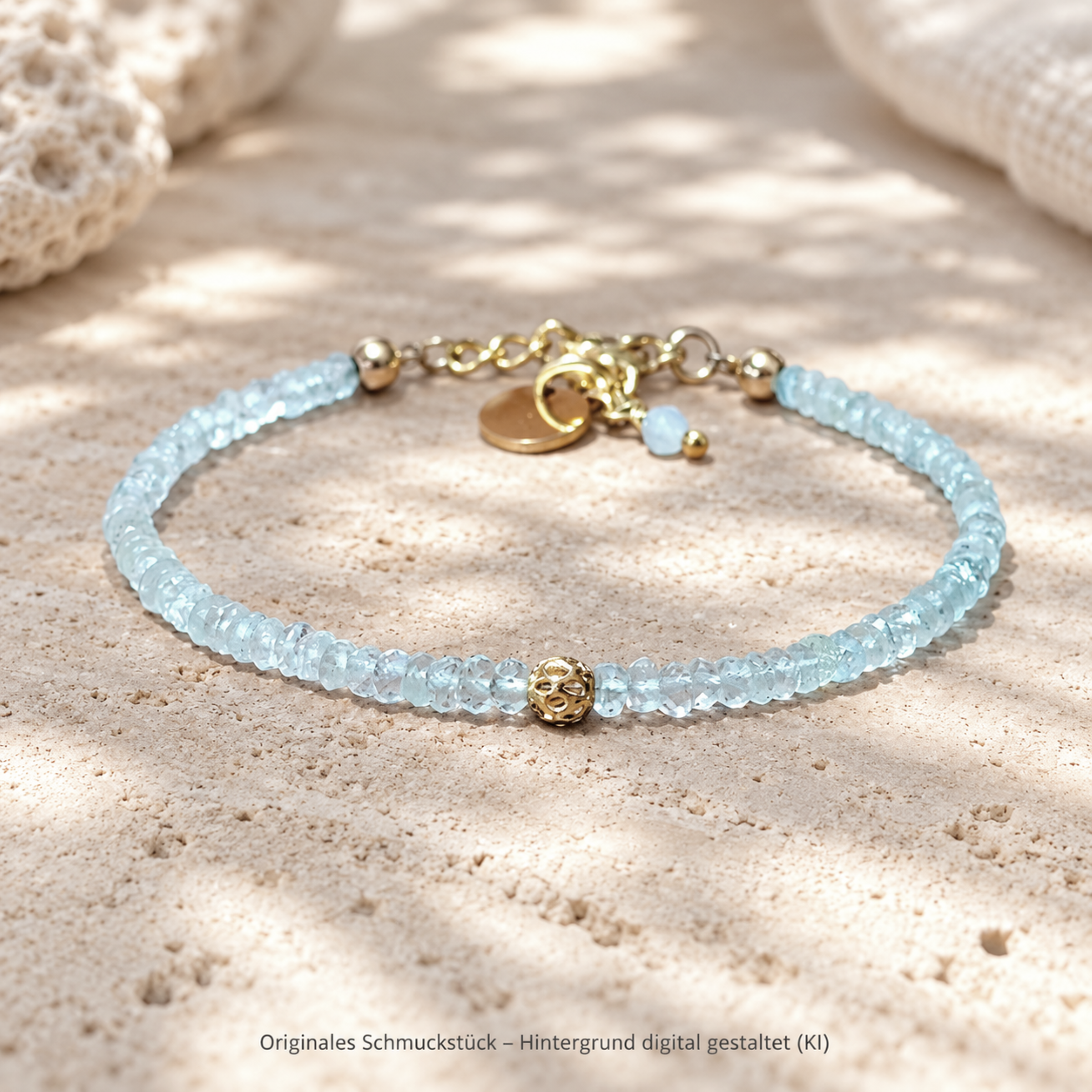 Edles Aquamarin Armband mit Designerperle Edelstahl vergoldet