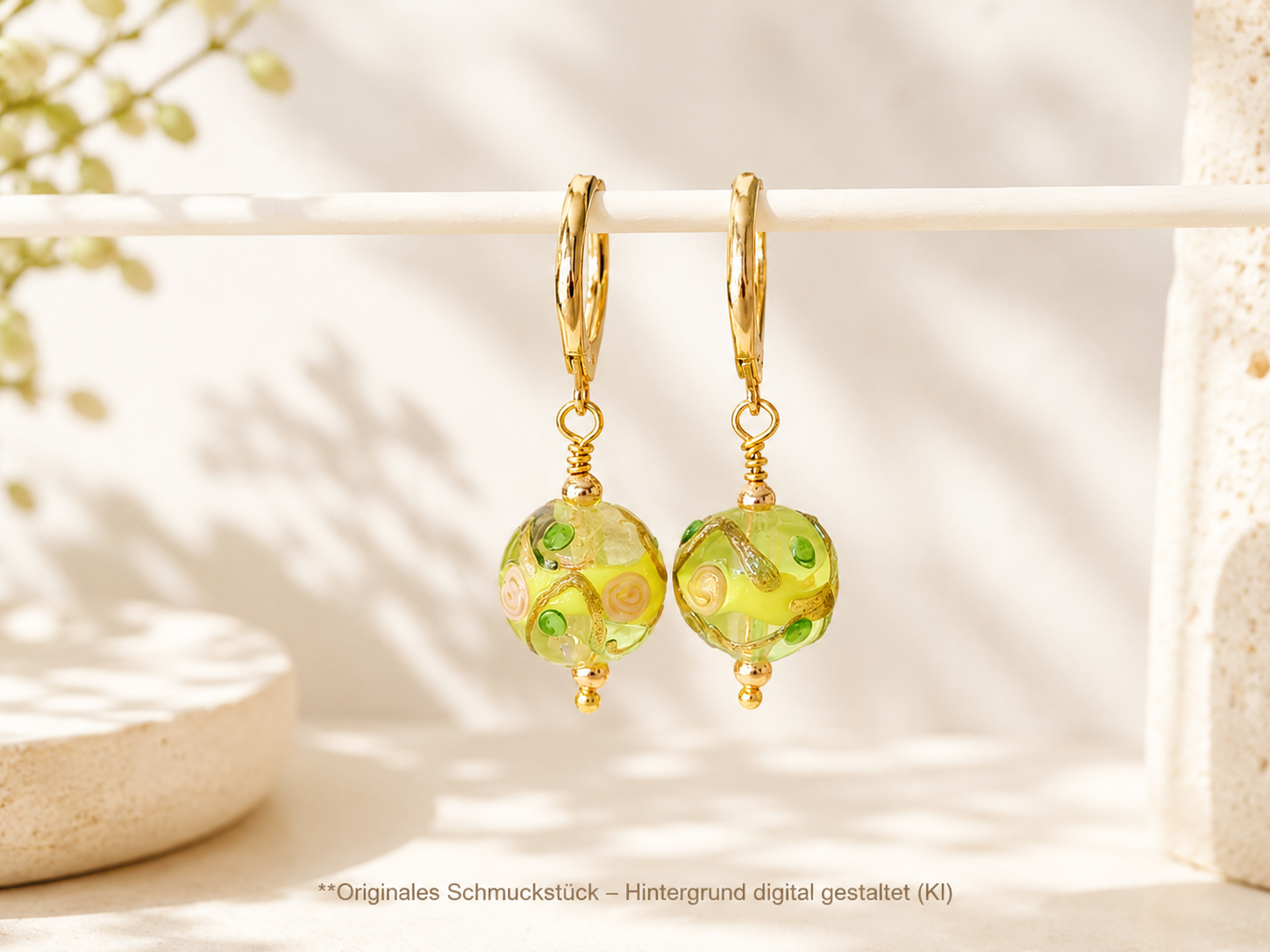 Murano Glas Ohrringe Goldoptik | Ohrringe gelb grün gold Muranoglas | Glasohrringe Ohrhänger Edelstahl | Perlenohrringe 12mm