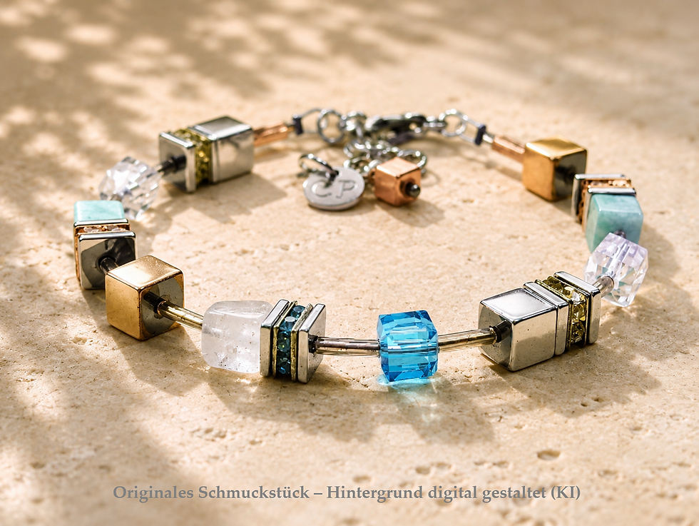 Cube Armband aus Amazonit Bergkristall Hämatit mit Edelstahlwürfeln und Kristallglas