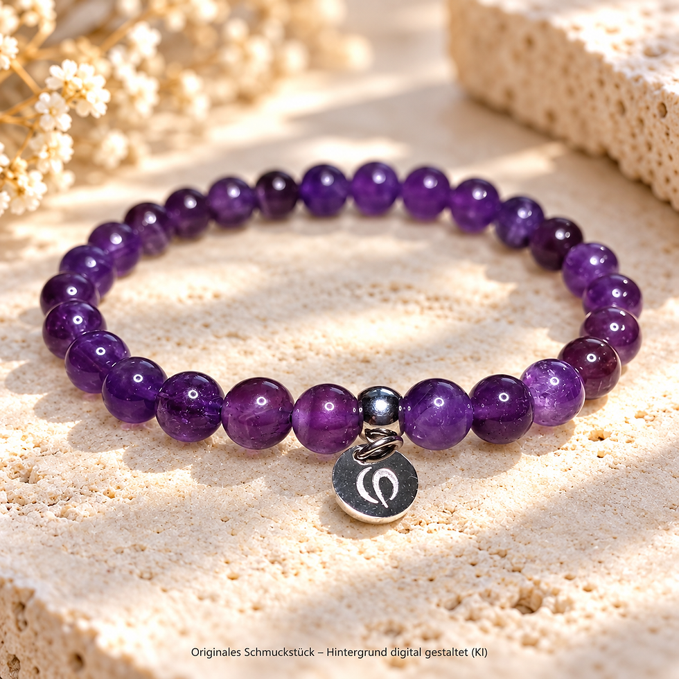 Amethyst Armband ohne Verschluss (Edelsteinarmband elastisch) mit 6 mm Perlen und Edelstahlperle mit Logo